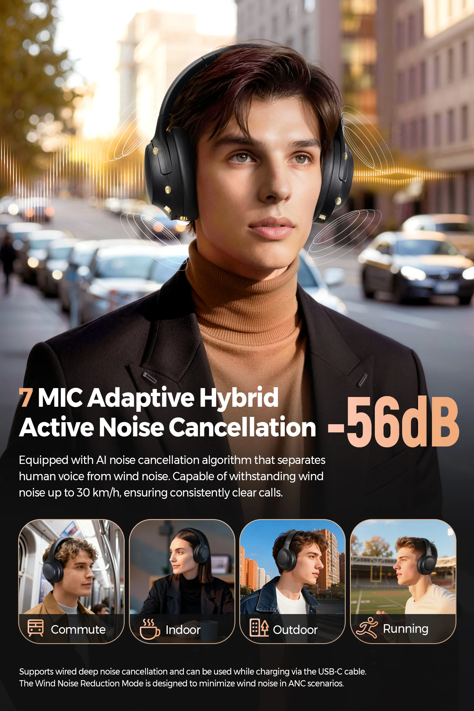 Cove Pro Over-Ear Headphones – 56dB Adaptive ANC Headphones with 95H Playtime & 7-Mic AI ENC - Image 3